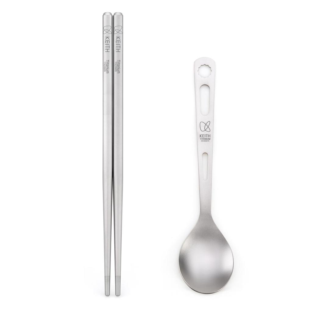 KEITH Pure Titanium Chopsticks and Spoon Set Camping Cutlery Dinnerware Outdoor Includes Storage Case and Bag - Ultralight, Sturdy, Durable, Set, Set,