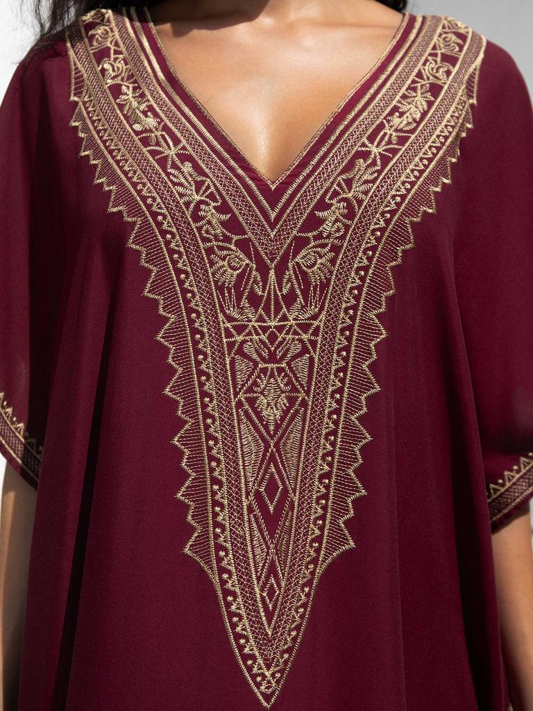 EDOLYNSA Sexy V-Ausschnitt Goldbesticktes Langes Strandkleid, Damen Retro Kaftan Locker Strandbekleidung Urlaub Badeanzug Bikini Cover-up