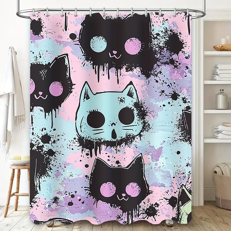 Modern Cat Print Shower Curtain Set: Cute Cartoon Pet Pattern Bath Decoration Black Pink Blue Green Home Decor Waterproof Shower