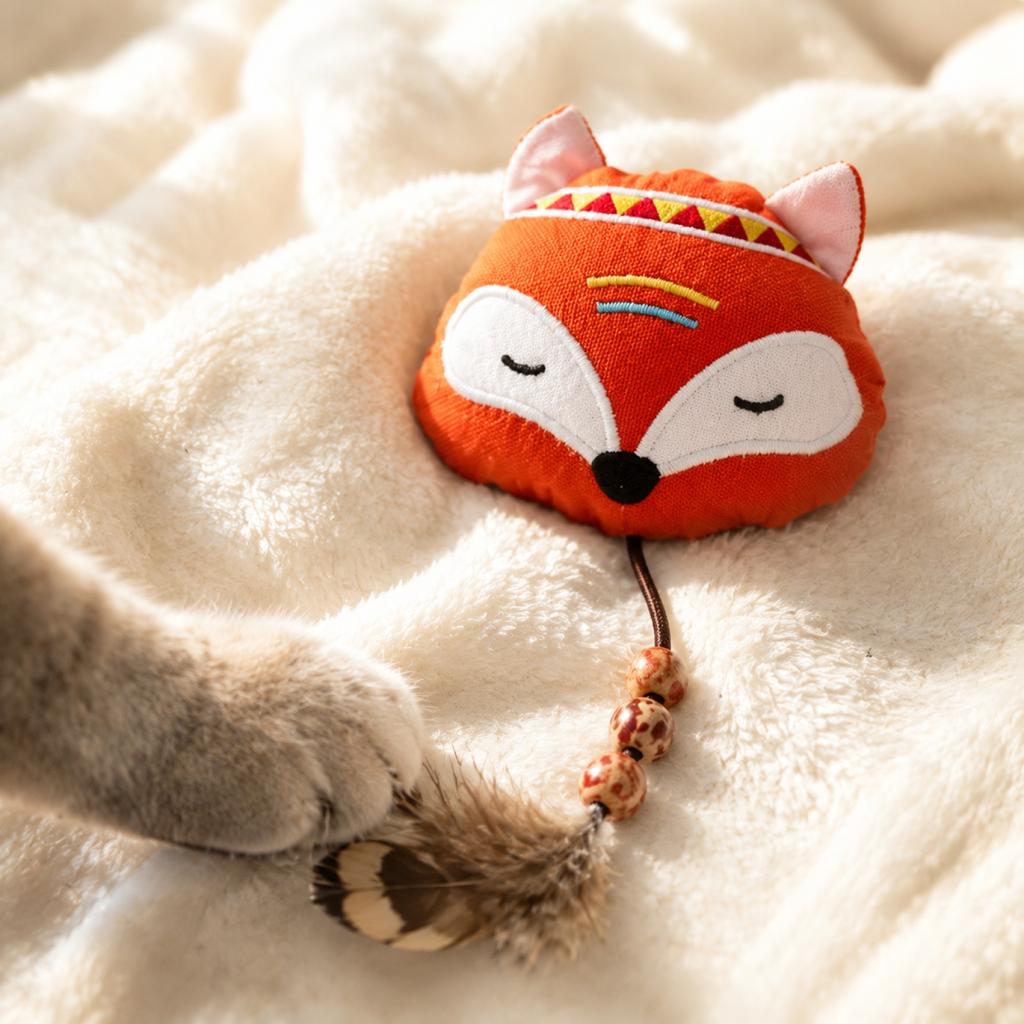 Cat Feather Teaser Toy Plush Animal Head Design with Beads and Feathers Attached Interactive Pet Toy for Cats