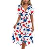 Women V Neck Short Sleeve Casual Dress Independence Day Star Print Wrap Midi Dress with Tie Waist Summer Party Dress