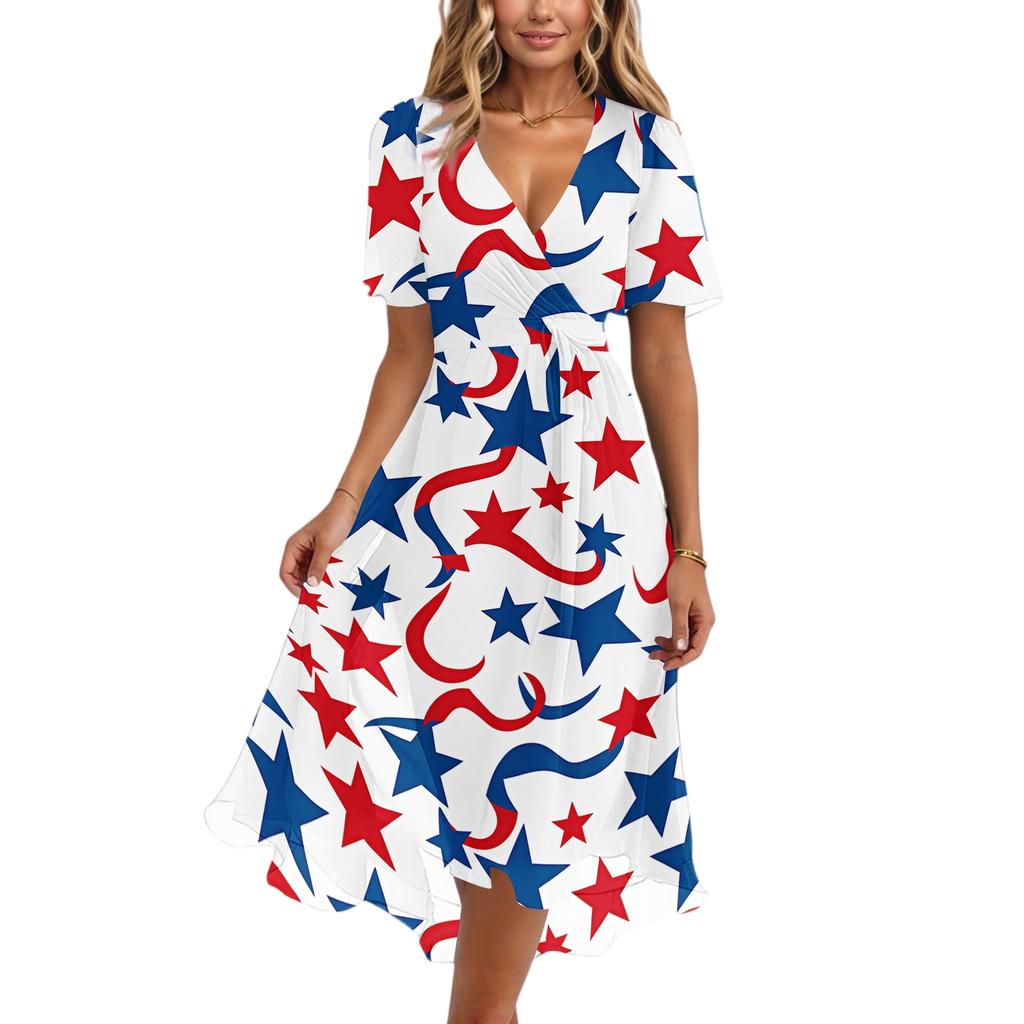 Women V Neck Short Sleeve Casual Dress Independence Day Star Print Wrap Midi Dress with Tie Waist Summer Party Dress