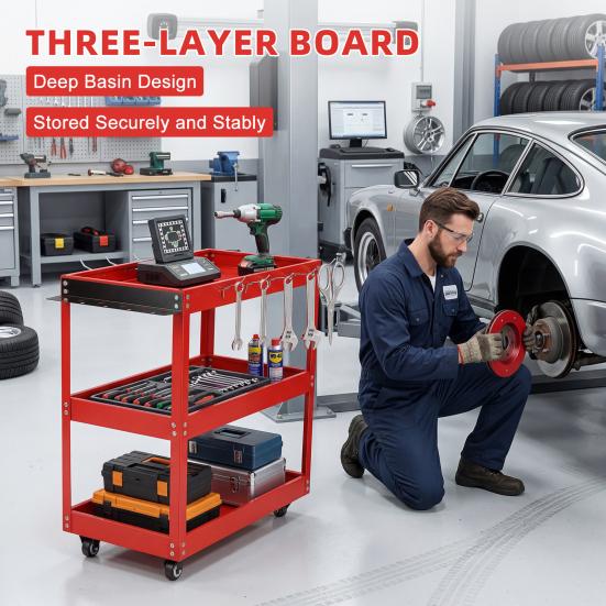 Three Tier Tool Cart 3-Tier Rolling Cart, Metal Heavy Duty Utility with Side Hooks, Mobile Organizer 4 Wheels, Handle, 330lbs Load Capacity