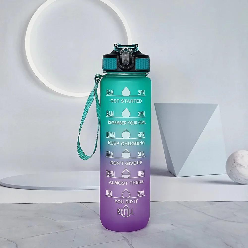 

1 л Спортивная бутылка для воды с соломинкой, отметкой времени, градиентного цвета, мотивационная бутылка, герметичная, для улицы, студенческая чашка для питьевой воды 1 L
