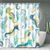 Seahorse Shower Curtain Set With 12 Hooks - Includes Bath Mat, U-Shaped Toilet Mat, Toilet Lid Cover, And Decorative Curtain For