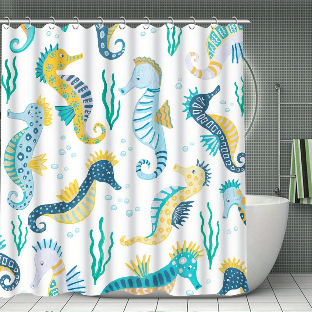 Seahorse Shower Curtain Set With 12 Hooks - Includes Bath Mat, U-Shaped Toilet Mat, Toilet Lid Cover, And Decorative Curtain For