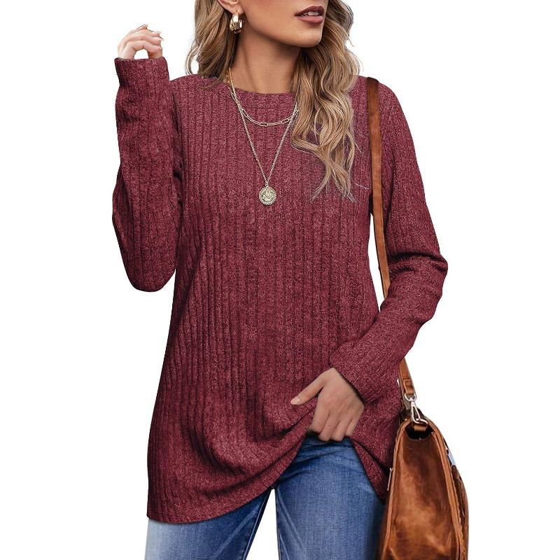 QICED Moda feminina casual cor sólida estampa manga comprida gola redonda blusas e camisas
