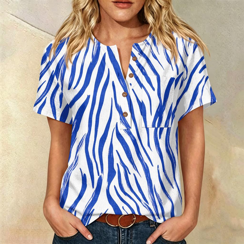 Damen Kurzarm Hemd aus Leinen-Baumwollmischung Henley Knopfleiste Brusttasche Blumendruck Lässiges Sommer Top