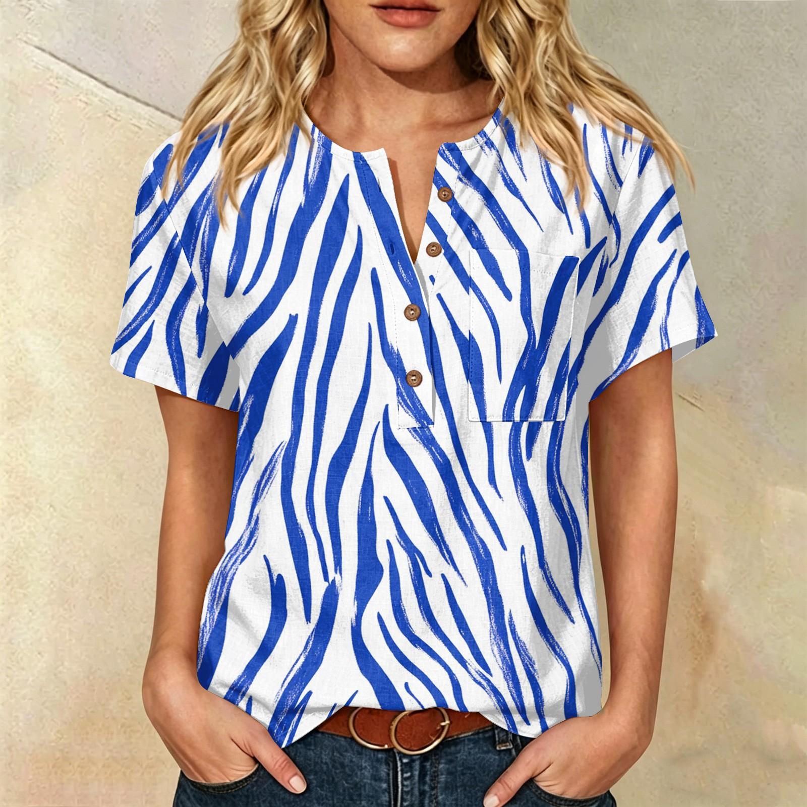 Women s Short Sleeve Linen Cotton Blend Shirt Henley Button Neck Chest Pocket Floral Print Casual Summer Top L синий