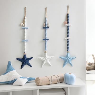 Wooden Starfish Nautical Wall Art Coastal Theme Hanging Wall Decor with Beads And Jute Rope Rustic Beach Room Decor for Living Room Bedroom