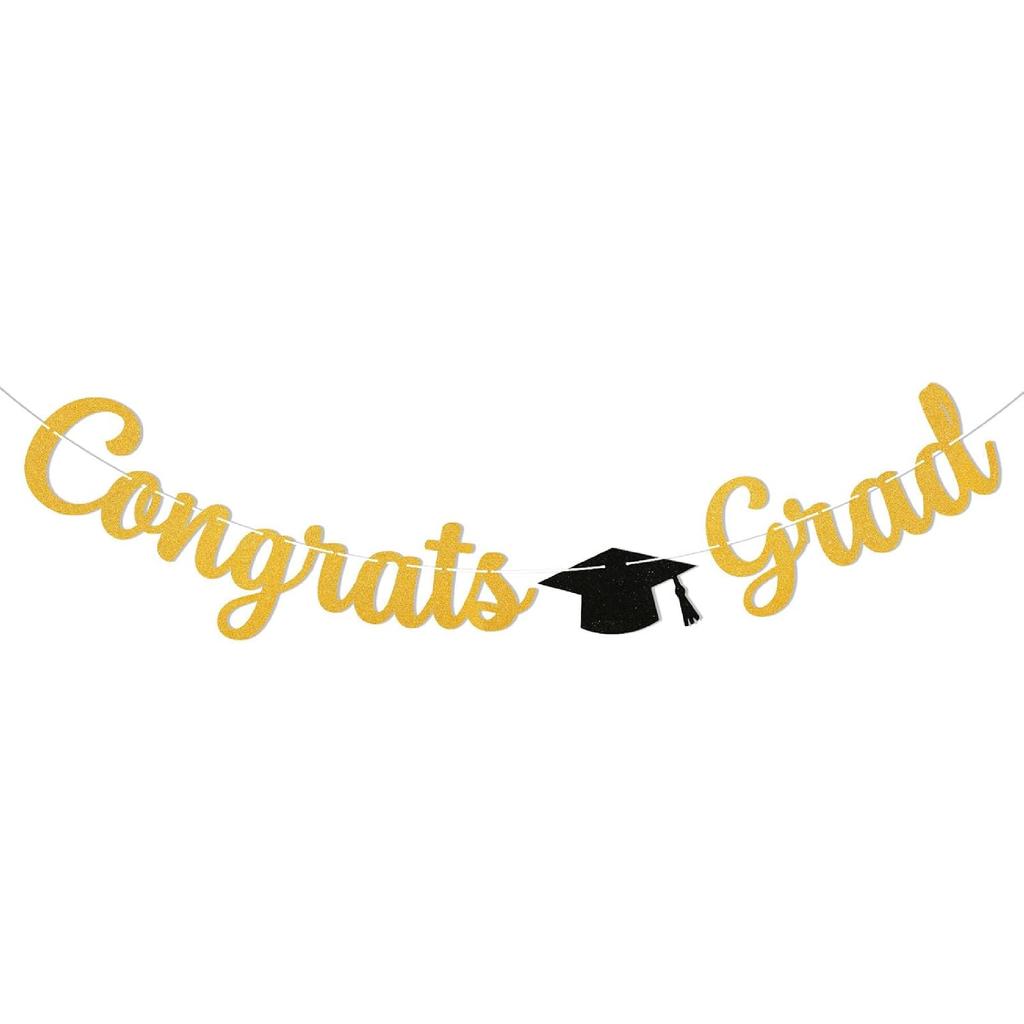 Pre-Strung Congrats Grad Banner - Black Glitter Graduation Party Banner with Cap, Congratulations Graduate Decor, High School College Graduation