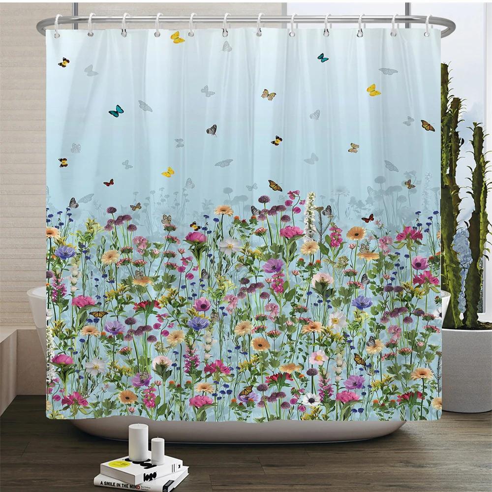 Elegant Flowers Shower Curtain 180x180cm Floral Shower Curtain Polyester Bath Curtain Bathroom Decor Machine Washable With Hooks