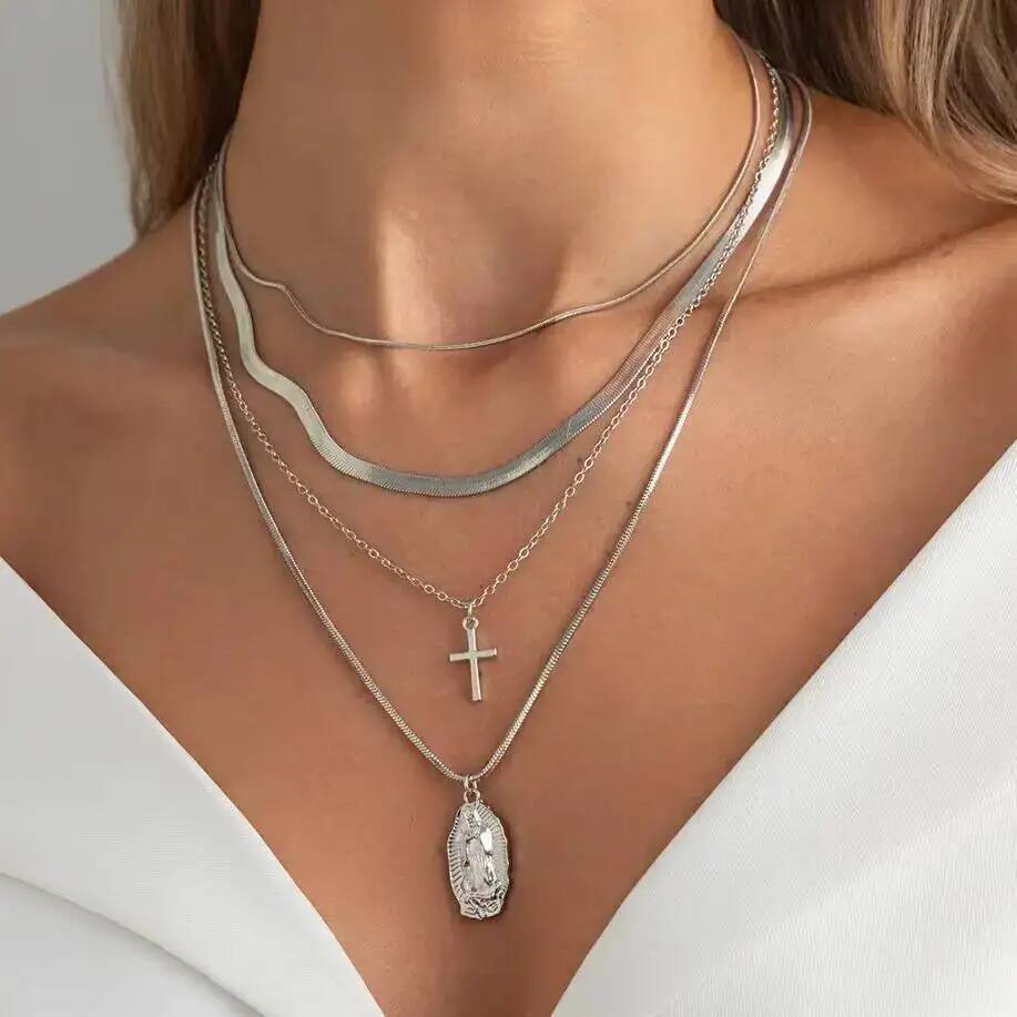 SHIXIN 4Pcs/Set Minimalist Cross Jesus Pendant Metal Necklace Gold Color Multi-layer Adjustable Choker Chain Women Jewelry Gift