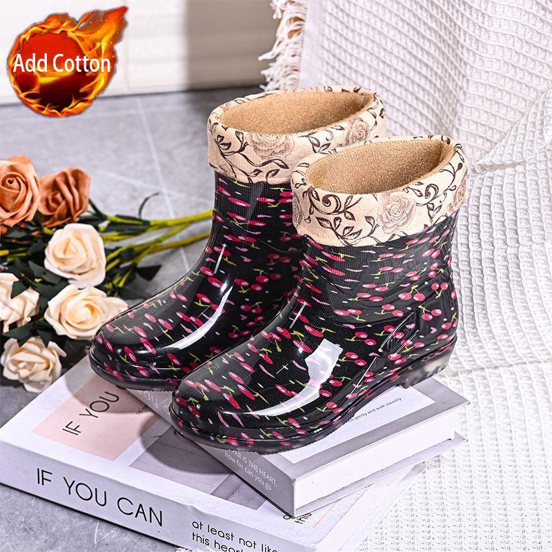 Women's Waterproof Short Shaft Rain Boots Fleece-Lined Anti-Slip Warm Rubber Boots for Kitchen & Outdoor Stylish Adult Footwear