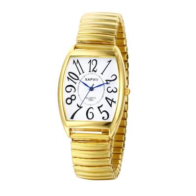 Par de relógios casal quadrado analógico display elegante cinto elástico par relógio relógio de quartzo ouro acessórios de moda aniversário aniversário dia de natal