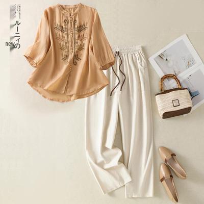 2025 Women's Artistic Retro Embroidered Cotton Linen Pants Set - Plus Size, Slimming, Summer Wear