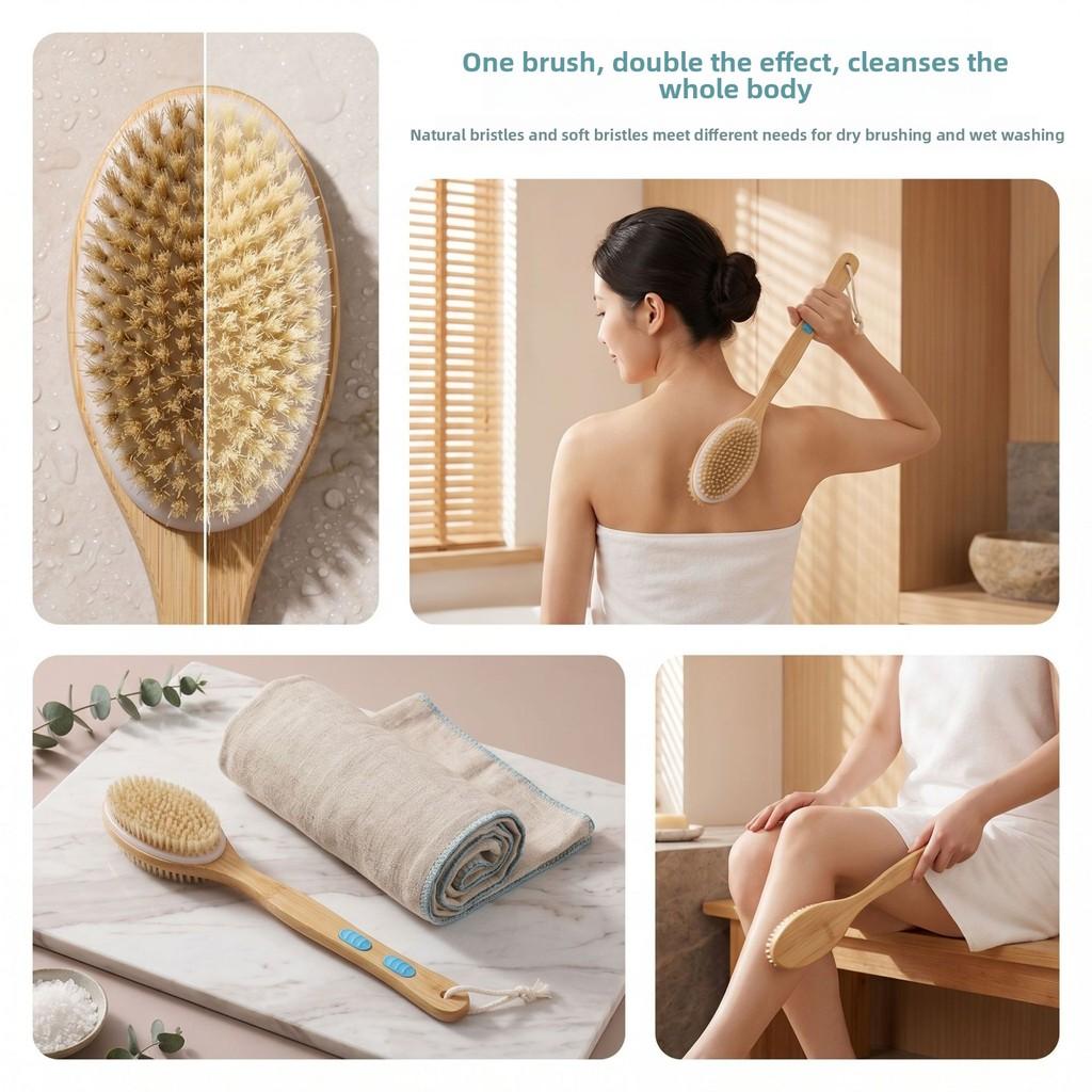 Bath Brush Exfoliating Dualside Long Handle With Pig Bristle For Skin Softening