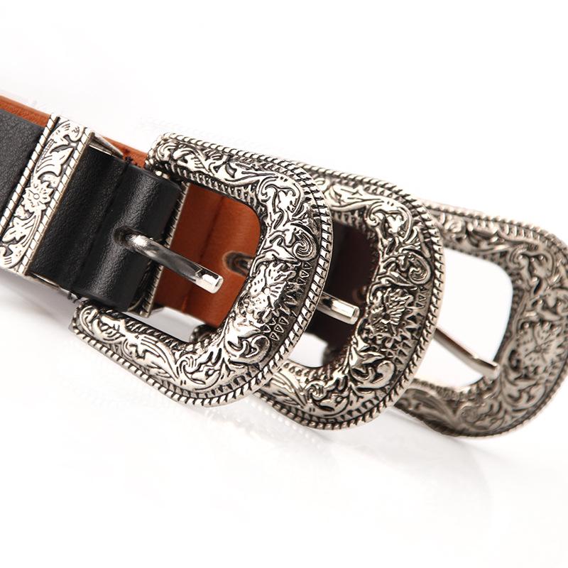 New Women's Belt, European and American Retro Carved Alloy Buckle Belt, Versatile Jeans and Clothing Double Buckle Belt