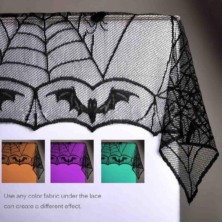 Rectangular Polyester Lace Tablecloth Black Spider Web Table Topper 48x96 inch
