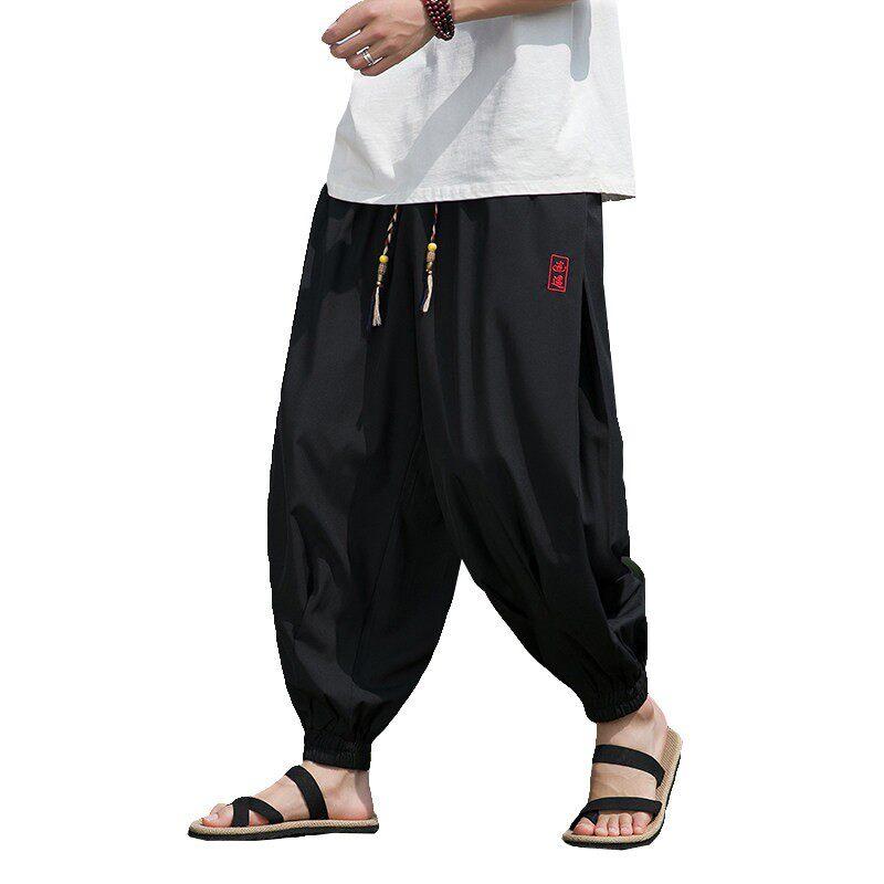 Chinese Style Beach Pants Men's Loose, Wide Leg, Leg Tied Cropped Pants