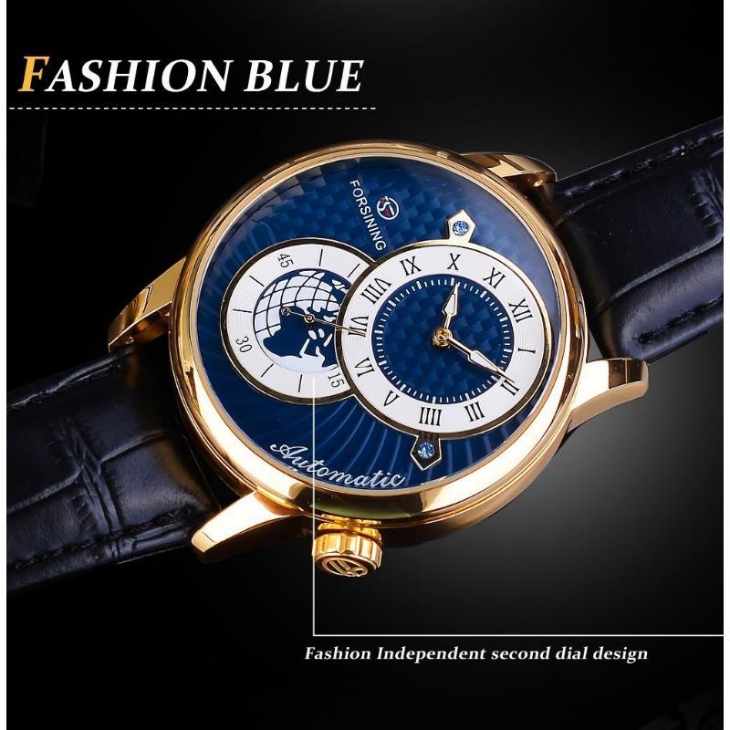 Forsining Men' S Mechanical Watch Fashion Double Dial Automatic Winding Men Wristwatches Sport Genuine Leather Clock For Man