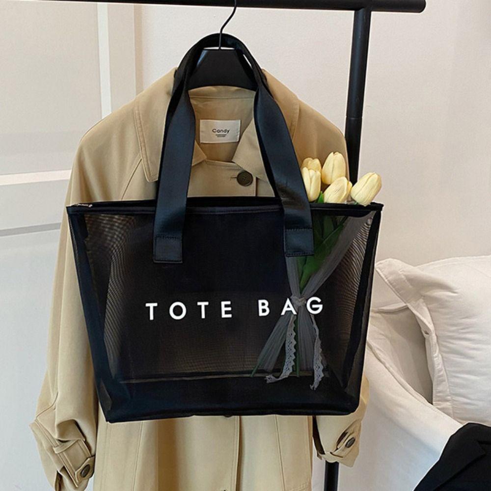 Large Capacity Mesh Tote Bag Zipper Shopping Shoulder Bag Breathable Swimming Handbag  Cosmetic