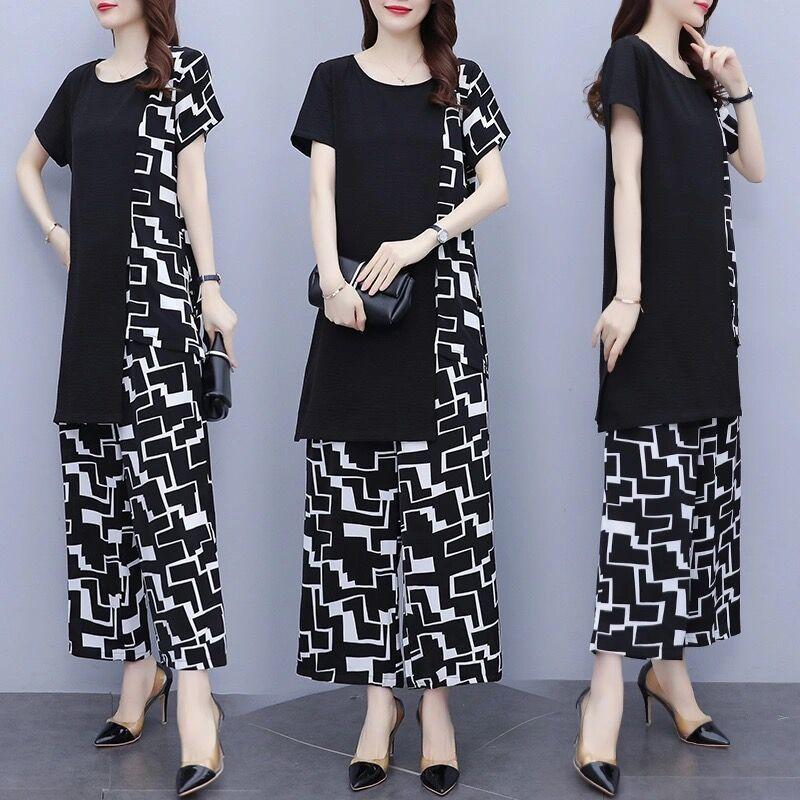 Suit Women's Office Clothing Short-sleeved Loose Wide-leg Pants Large Size Two-piece Set