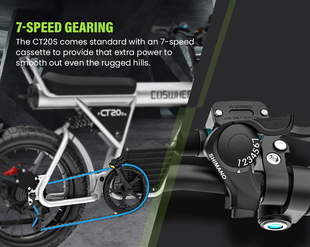 COSWHEEL CT20S elsykkel, 1500W motor, 60V 27,5Ah batteri, 20*5,0-tommers terrengdekk, 65 km/t Maks hastighet, 160 km Maks rekkevidde, Shimano 7-Speed