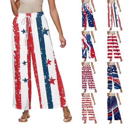 Women's Summer Elastic Waist Independence Day Printed Cotton And Linen Loose Cropped Pants