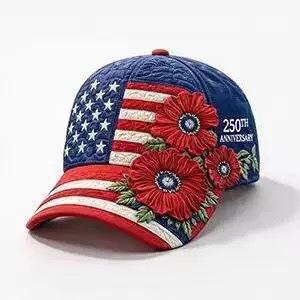US 250th Anniversary Baseball Cap 3D Printed Flag Floral Embroidery Shade Cap, Men s and Women s Adjustable (55-60cm)