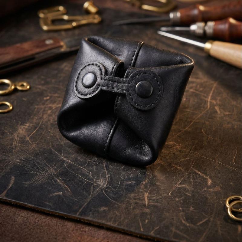 Unique Twist Knot Ruched Leather Coin Purse, Vegetable Tanned Vintage Snap Coin Purse, Distinctive Small Storage Organizer Pouch