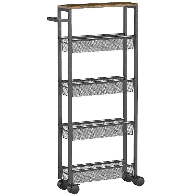Kitchen Cart Serving Trolley with 5 Levels, Rolling Cart Kitchen Shelf with Worktop, Wheels, Handle, 47 x 13 x 96.5 cm, Black