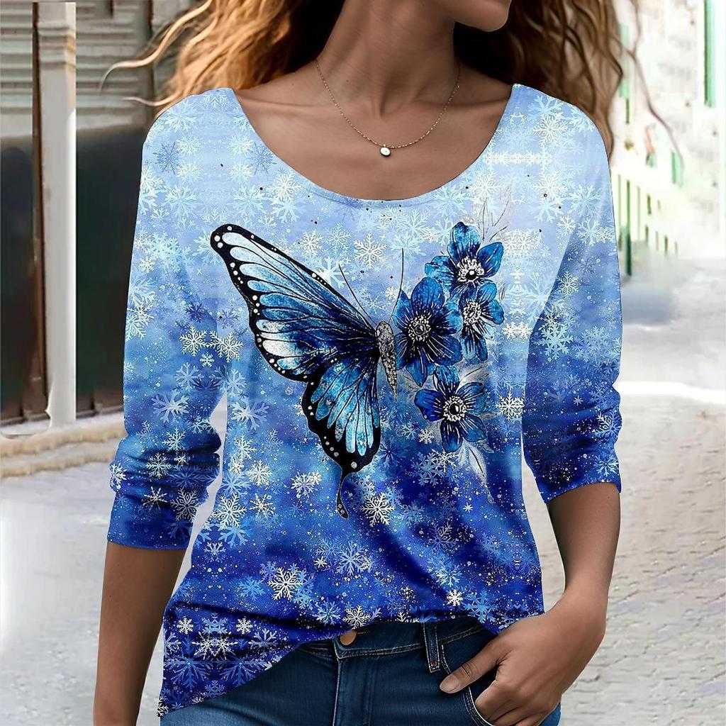 Spring and Autumn Round Neck 3D Butterfly Graphic Printed Top Fashionable Casual Long Sleeved Women's T-shirts