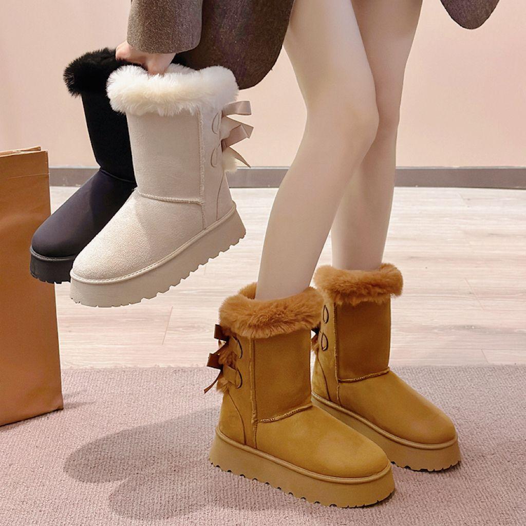 Fashion Bow Round Toe Half High Snow Boots for Women Winter Plush Warm Chunky Woman Shoes 2025 Novelty Designer Luxury Fashion Footwear