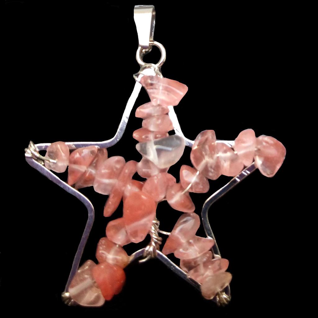 Star Pendant In Chips of Cherry Quartz Beads + Chain
