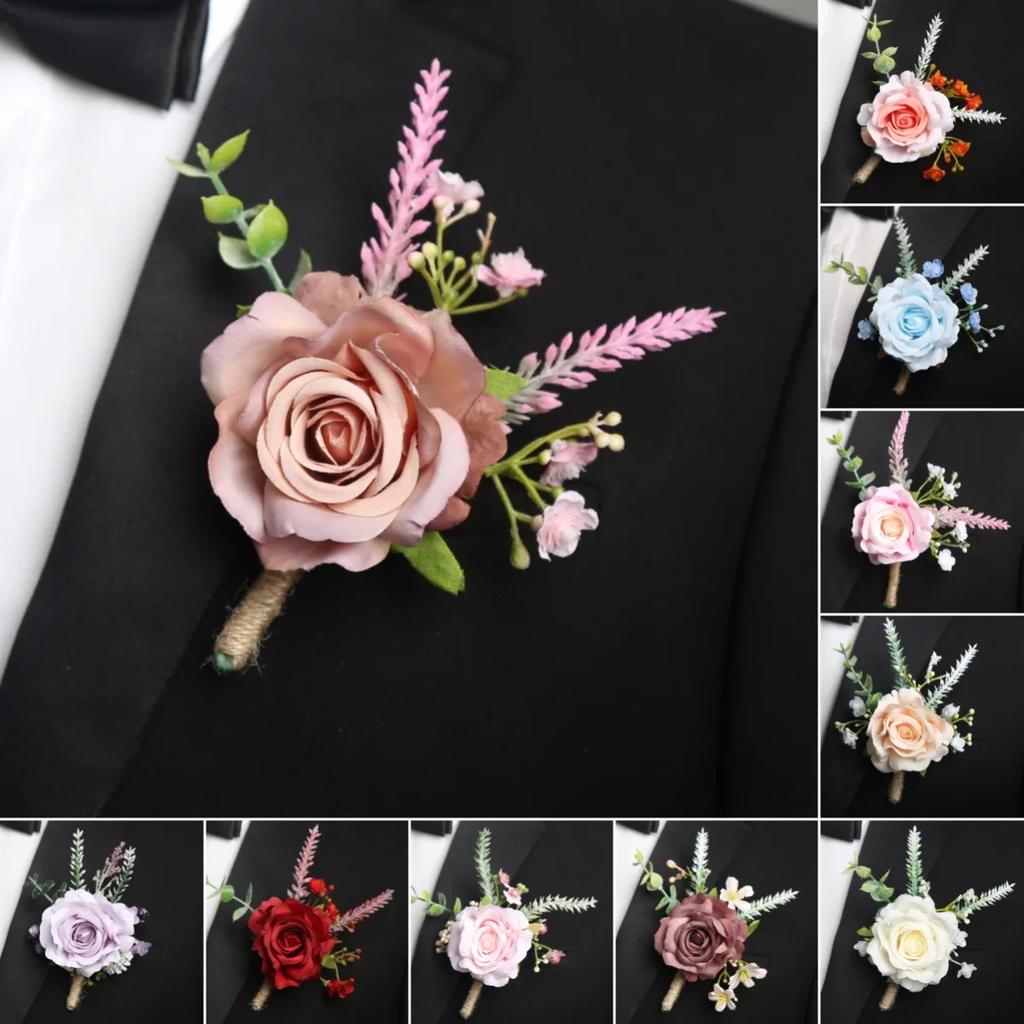 6pcs Rustic Artificial Rose Boutonniere Corsage Set Dusty Rose White Wristband Prom Suit Flowers for Wedding Ceremony