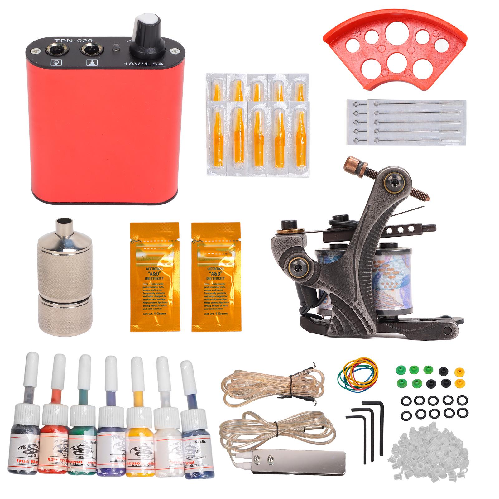 

Complete Tattoo Coil Machine Kit Red Tattoo Power Supply Foot Pedal Clip Cord Tattoo Tool Set US Plug