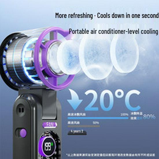 High-Speed USB Handheld Fan with Digital Display, Foldable Turbine, Mecha Style, Strong Wind & Semiconductor Refrigeration.