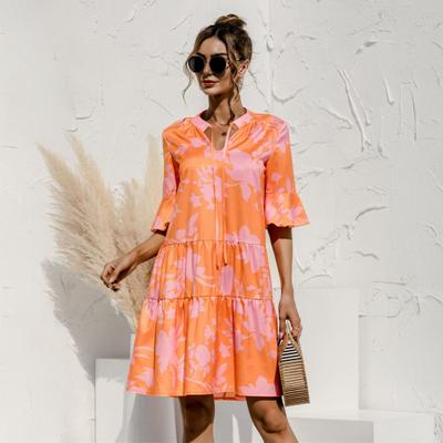 Damen Sommer Mini Kleid Puff Kurzarm V-Ausschnitt Plissee Kleid Boho Bedrucktes A-Linien Kurzes Kleid Strandurlaub Stufenweise Fließendes Sommerkleid