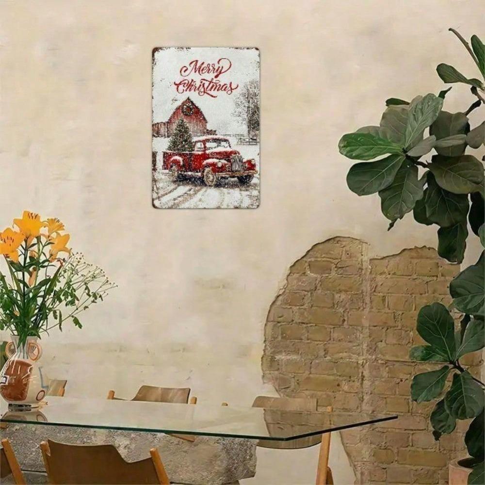 Vintage Merry Christmas Red Truck Metal Tin Sign 12x8 Inch, 2D Flat Rustic Snowy Wall Plaque for Home Yard