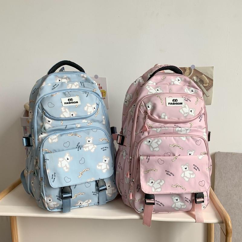 Trendy Black And Pink Casual Backpack For School Travel With Bear Print Design