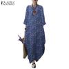 ZANZEA Women Floral Print Casual Round Neck 3/4 Sleeve Cotton Dress