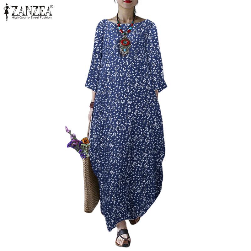 ZANZEA Women Floral Print Casual Round Neck 3/4 Sleeve Cotton Dress