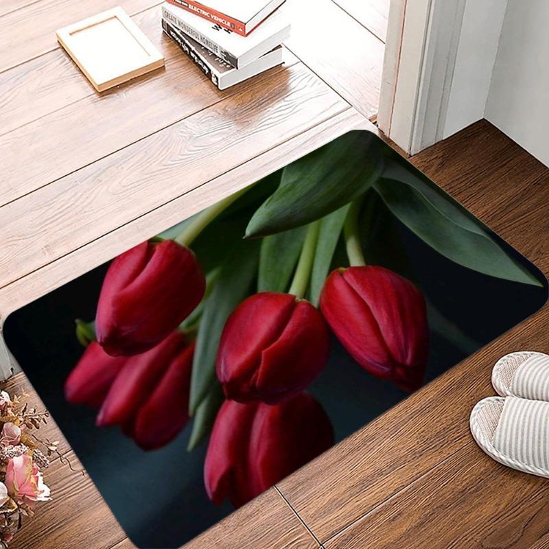 Very Beautiful Red Tulip Printing Non-Slip Small Rug Waterproof Easy Clean Floor Mat for Indoor Outdoor Use Durable Home Decor