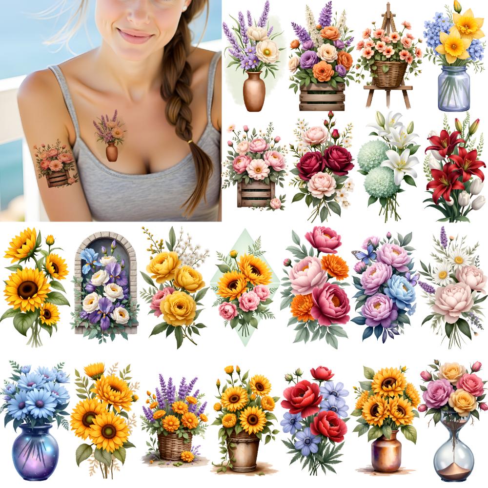 9pcs Temporary Tattoo Flower Bouquets Illustration Floral Arrangements Waterproof Long-lasting Body Stickers For Children