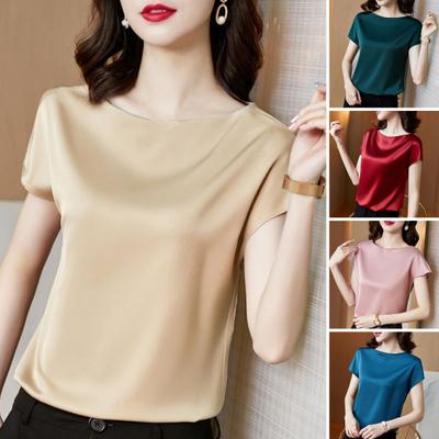 Women Summer Shirt Round Neck Short Sleeve Casual Tops Solid Color Loose Fit Smooth Fabric Pullover