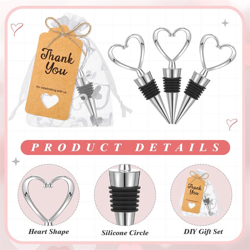 8 Set Heart Shaped Wine Stoppers Bulk Wedding Party Favors Love Design Beverage Bottle Stoppers With Sheer Bags, Labels
