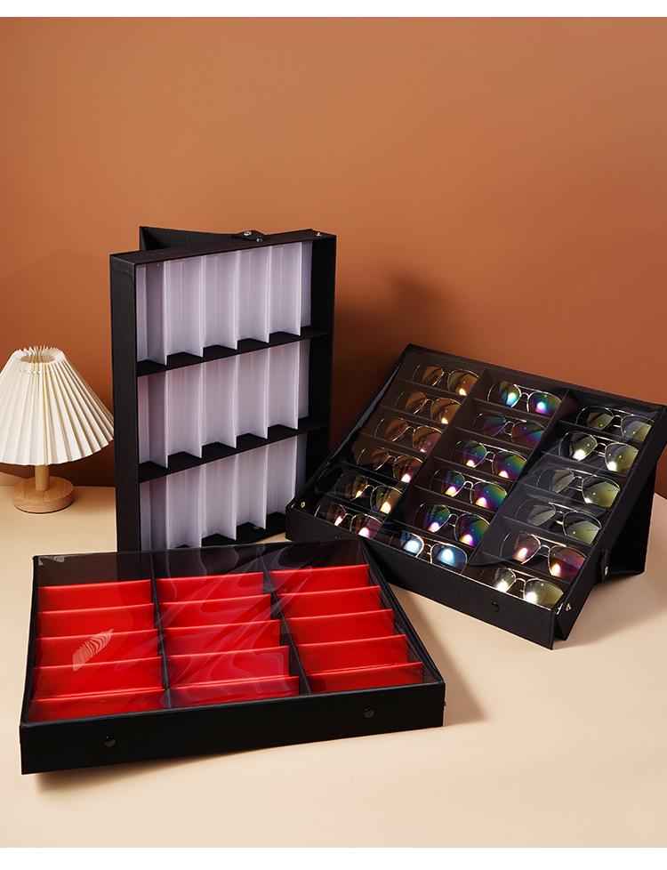 Eyeglasses & Jewelry Display Box with 18 Compartments and Stand