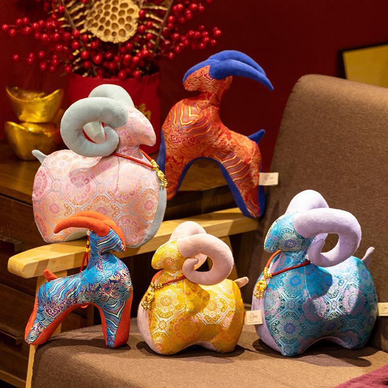 1Pcs Chinese Zodiac Sheep Mascot Plush Doll Traditional Jacquard Fabric Ornament Festive Lucky Sheep Stuffed Toy For Home Decor
