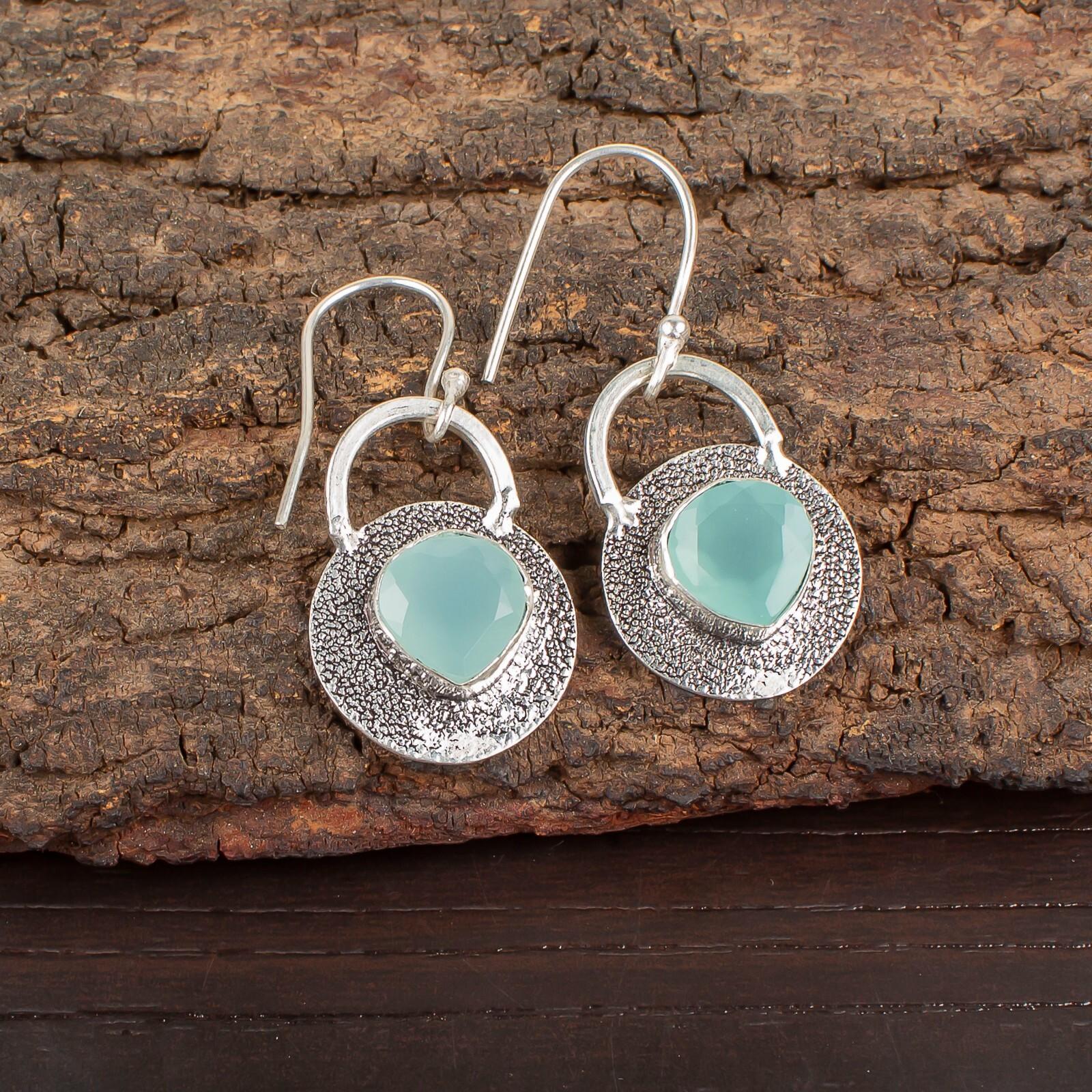 

Aqua Chalcedony Gemstone 925 Sterling Silver Jewelry Handmade Earrings 1.30 EE-63-14